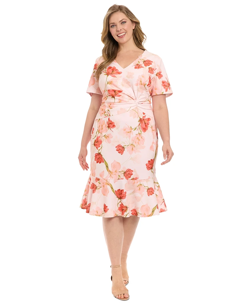 London Times Plus Floral Side-Knot Ruffle-Hem Dress