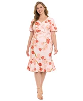 London Times Plus Floral Side-Knot Ruffle-Hem Dress