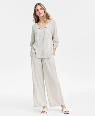 Jm Collection Womens Linen Pintuck Embroidered Top Pants Exclusively At Macys