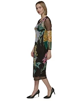 Karl Lagerfeld Paris Women's Mesh Floral-Print Long Sleeve Midi Dress