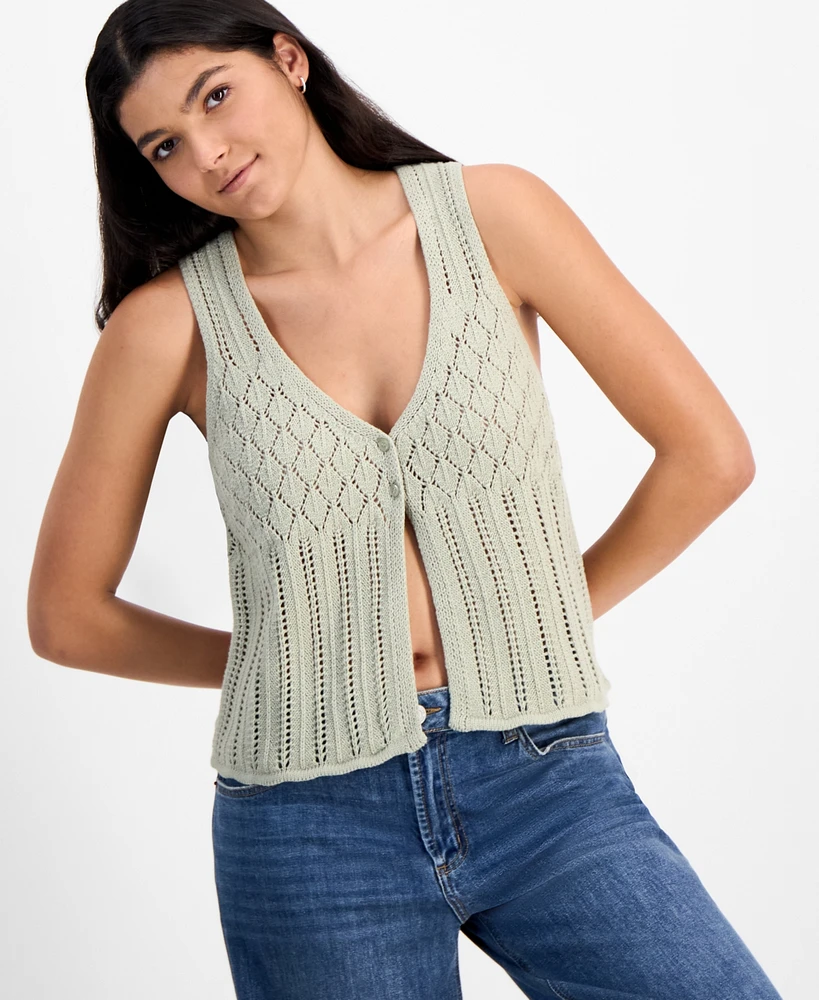 Hooked Up by Iot Juniors' Pointelle Double-Button Vest Top