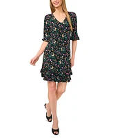 CeCe Women's Printed V-Neck Ruffle Shift Dress