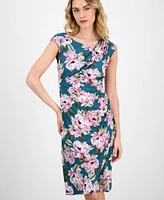 Connected Women's Printed Gathered Cap-Sleeve Sheath Dress