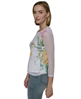 Karl Lagerfeld Paris Women's Sheer Floral 3/4-Sleeve Top