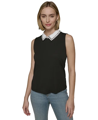 Karl Lagerfeld Paris Women's Embroidered-Collar Sleeveless Top