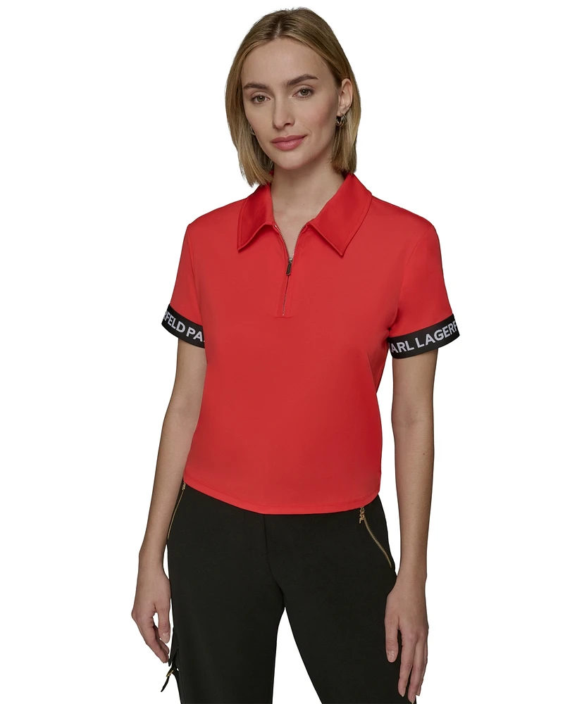 Karl Lagerfeld Paris Women's Logo-Cuff Polo Top