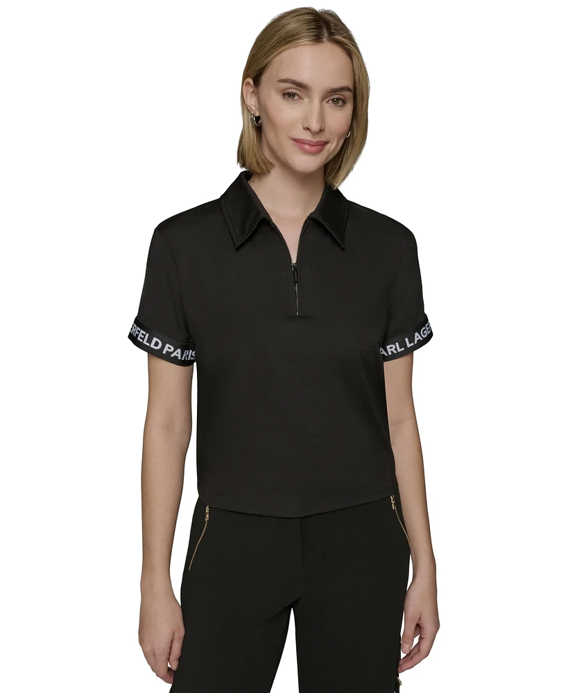 Karl Lagerfeld Paris Women's Logo-Cuff Polo Top