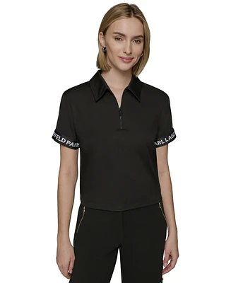 Karl Lagerfeld Paris Women's Logo-Cuff Polo Top