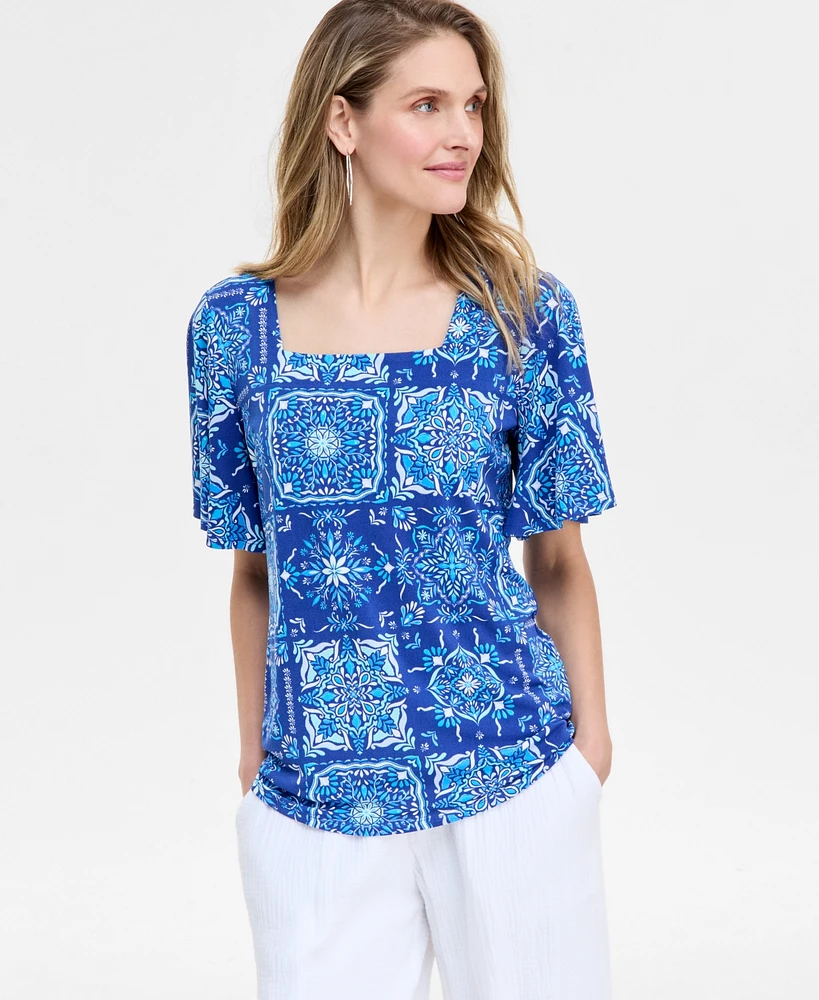 Jm Collection Women's Printed Flutter-Sleeve Top