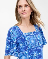 Jm Collection Women's Printed Flutter-Sleeve Top