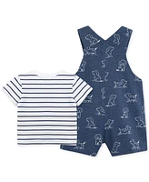 Little Me Baby Boys Cotton Striped T-Shirt & Puppy Shortall, 2 Piece Set