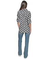 Karl Lagerfeld Paris Women's Motif Roll-Tab-Sleeve Button-Front Top