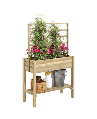 Outsunny Wooden Raised Planter with Trellis, Garden Box with Storage Shelf