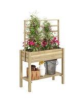 Outsunny Wooden Raised Planter with Trellis, Garden Box with Storage Shelf