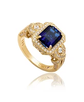 Suzy Levian Yellow Sterling Silver Emerald-Cut Blue and White Cubic Zirconia Pave Ring