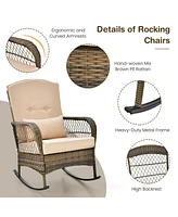 3 Pieces Outdoor Hand-Woven Pe Rattan Conversation Set with Tempered Glass Side Table