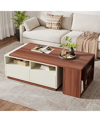 Tribesigns Coffee Table, Extendable Coffee Table with 2 Drawers and Storage Shelves, Rectangular Wooden Center Table with Reversible Tabletop for Livi