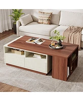 Tribesigns Coffee Table, Extendable Coffee Table with 2 Drawers and Storage Shelves, Rectangular Wooden Center Table with Reversible Tabletop for Livi