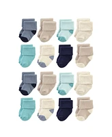 Hudson Baby Cotton Rich Terry Socks 16-Pack, Navy Taupe, 0-6 Months