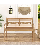 2-Person Teak Wood Patio Bench with Wide Backrest and Curved Armrests