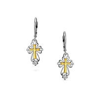 Bling Jewelry Filigree Two Tone Fleur De Lis Cross Dangle Earrings Gold Plated Silver