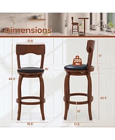 Set of 2 Swivel Bar Stools with Rubber Wood Base and Cushioned Seat