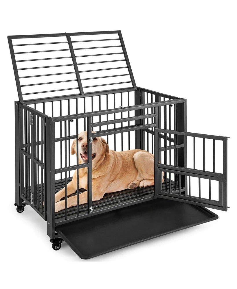 Foldable Heavy-Duty Metal Dog Cage Chew-proof Dog Crate with Lockable Universal Wheels