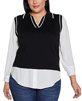 Belldini Plus Collared Split-Neck Two-Fer Sweater