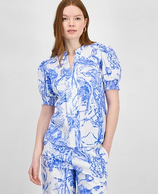 T Tahari Women's Printed Split-Neck Puff-Sleeve Top