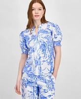 T Tahari Women's Printed Split-Neck Puff-Sleeve Top