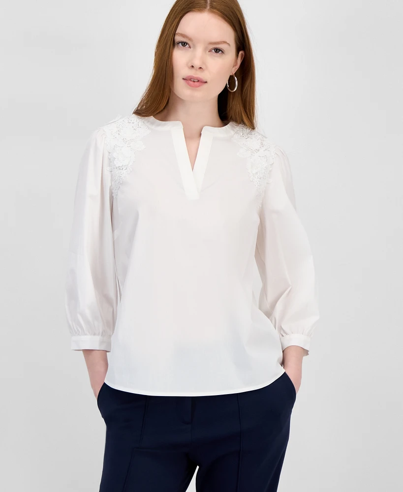 T Tahari Women's Lace-Trim Split-Neck 3/4-Sleeve Top