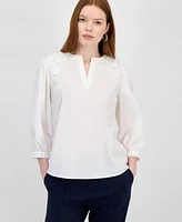 T Tahari Women's Lace-Trim Split-Neck 3/4-Sleeve Top