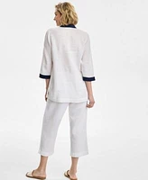 Charter Club Womens Embroidered 3 4 Sleeve 100 Linen Tunic Top Embroidered 100 Linen Drawstring Pants Exclusively At Macys