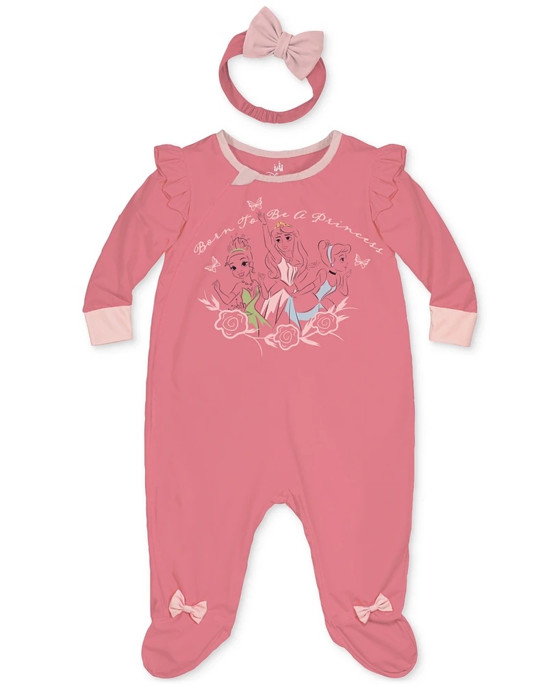 Disney Baby Girls Princess Footed Coverall & Headband, 2 Piece Set