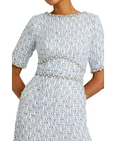 Women's Short Sleeve Beaded Trim Boucle Midi Dress