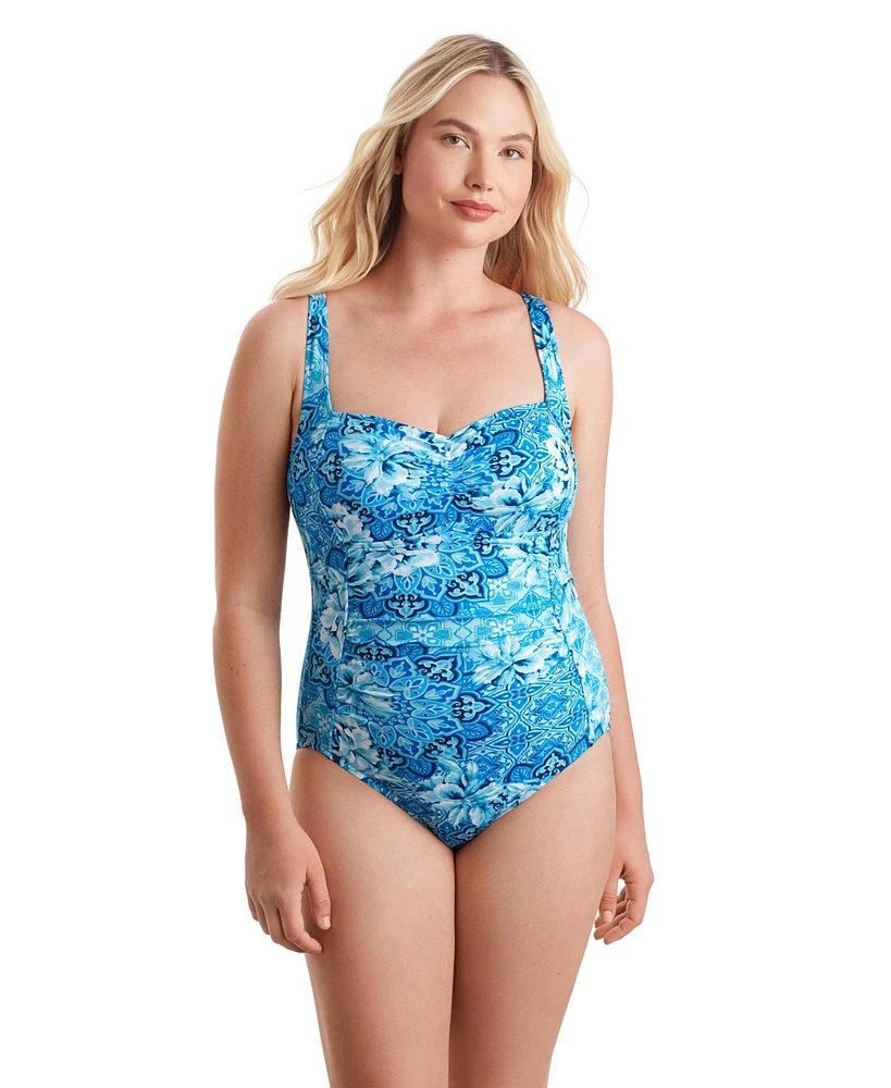 ShapeSolver Sport by Mimi Flamingo Spa Collection Shirred Bodice Tank One Piece Swimsuit