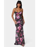 bebe Women's Twist Front Mermaid Mesh Gown