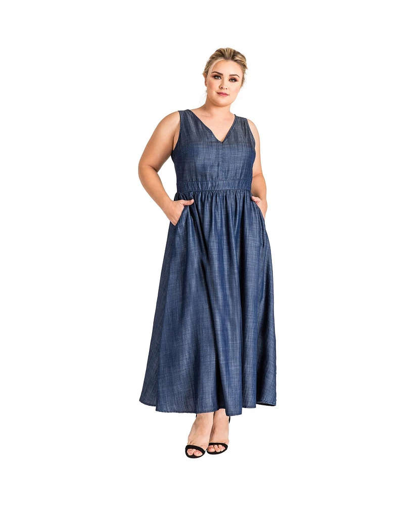 Women's Plus V-Neck A-Line Tencel Denim Maxi Dress