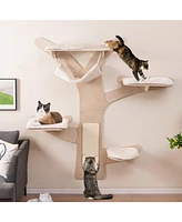 Wall-Mounted Cat Tower with Hammock, Platforms & Scratching Mat Space-Saving Climbing Playset for Cats