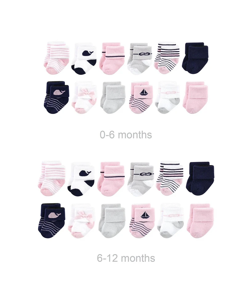 Luvable Friends Infant Girl Grow with Me Cotton Terry Socks, Sailboat, 0-6 and 6-12 Months