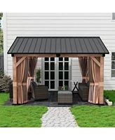 11' X 13' Hardtop Gazebo with Curtains and Nettings, Outdoor Patio Gazebos Backyard Gazebo, Wooden Finish Canopy Aluminum Frame Permanent Pavilion for