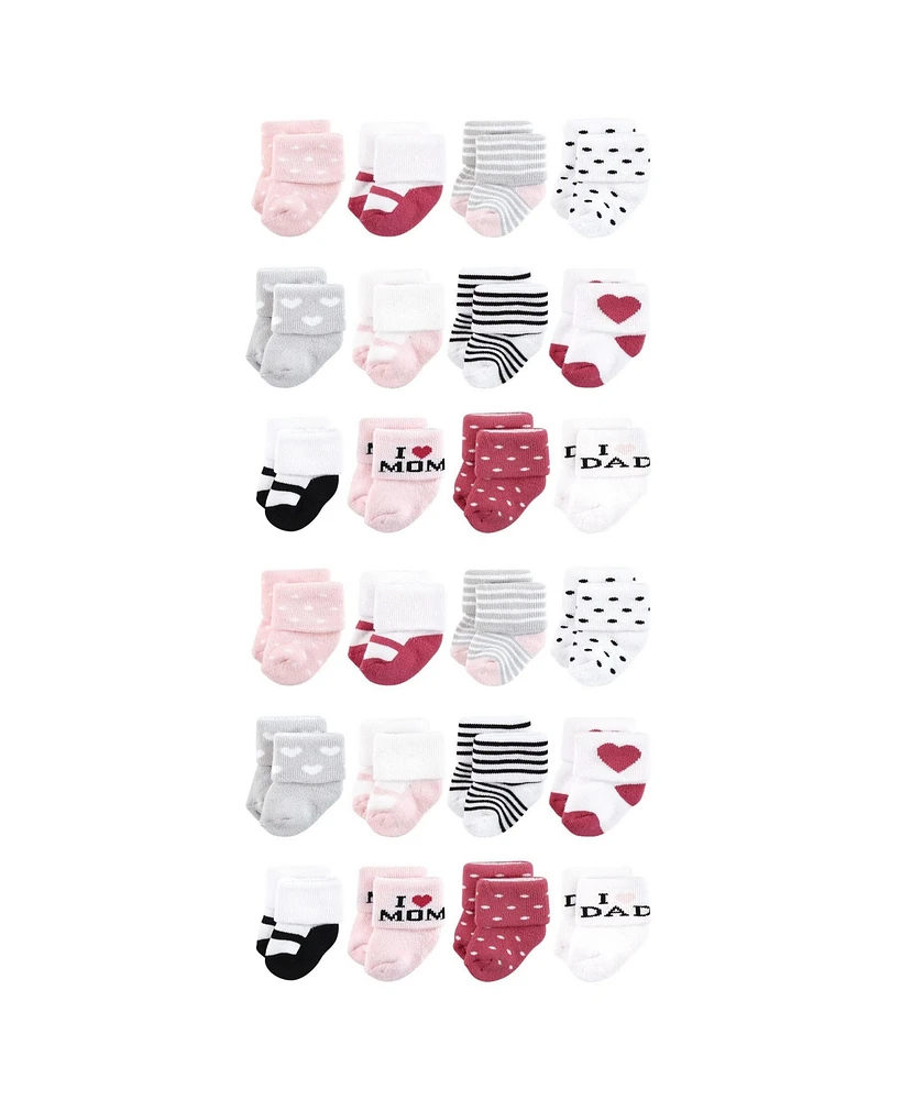 Hudson Baby Cotton Rich Baby Terry Socks 24-Pack, Mom and Dad Girl Pink Black, 0-6 Months