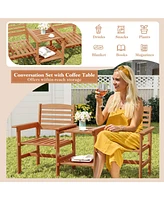 Outdoor Patio Wood 2-Seat Conversation Set with Coffee Table and Umbrella Hole