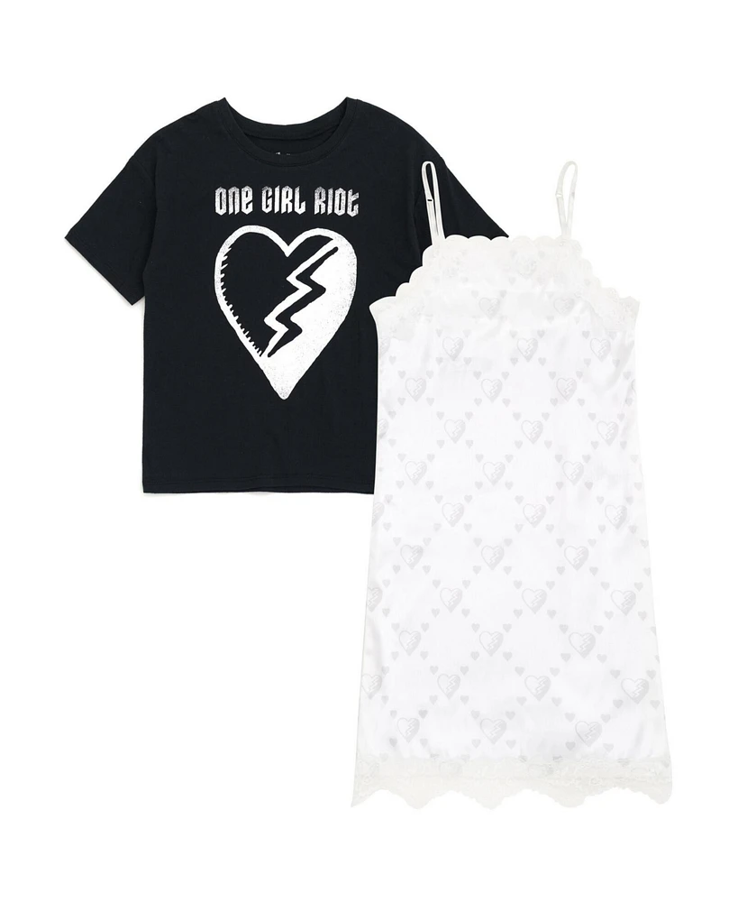 Descendants Big Girls Disney Slip V-neck Satin Dress and Drop Shoulder T-Shirt Outfit Set
