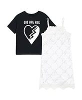 Descendants Big Girls Disney Slip V-neck Satin Dress and Drop Shoulder T-Shirt Outfit Set