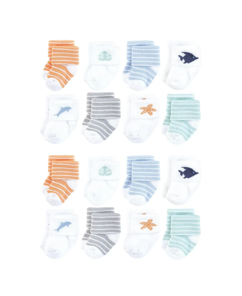 Hudson Baby Cotton Rich Terry Socks 16-Pack, Starfish, 0-6 Months