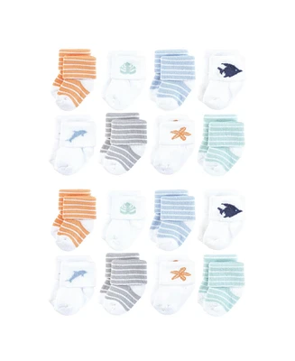 Hudson Baby Cotton Rich Terry Socks 16-Pack, Starfish, 0-6 Months