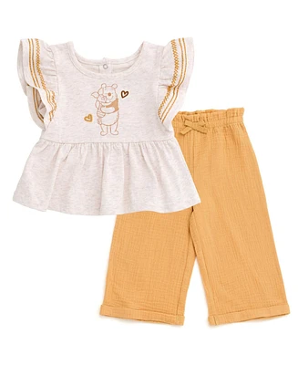 Winnie the Pooh Toddler Girls Disney Minnie Mouse Peplum Tank Top and Cotton Gauze Pants Outfit Set