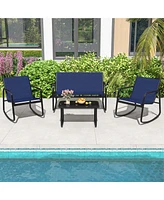 4 Pcs Patio Rocking Set Rocking Chairs & Loveseat with Glass-Top Table Outdoor