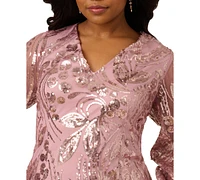 Adrianna Papell Plus V-Neck Long-Sleeve Sequin Sheath Dress